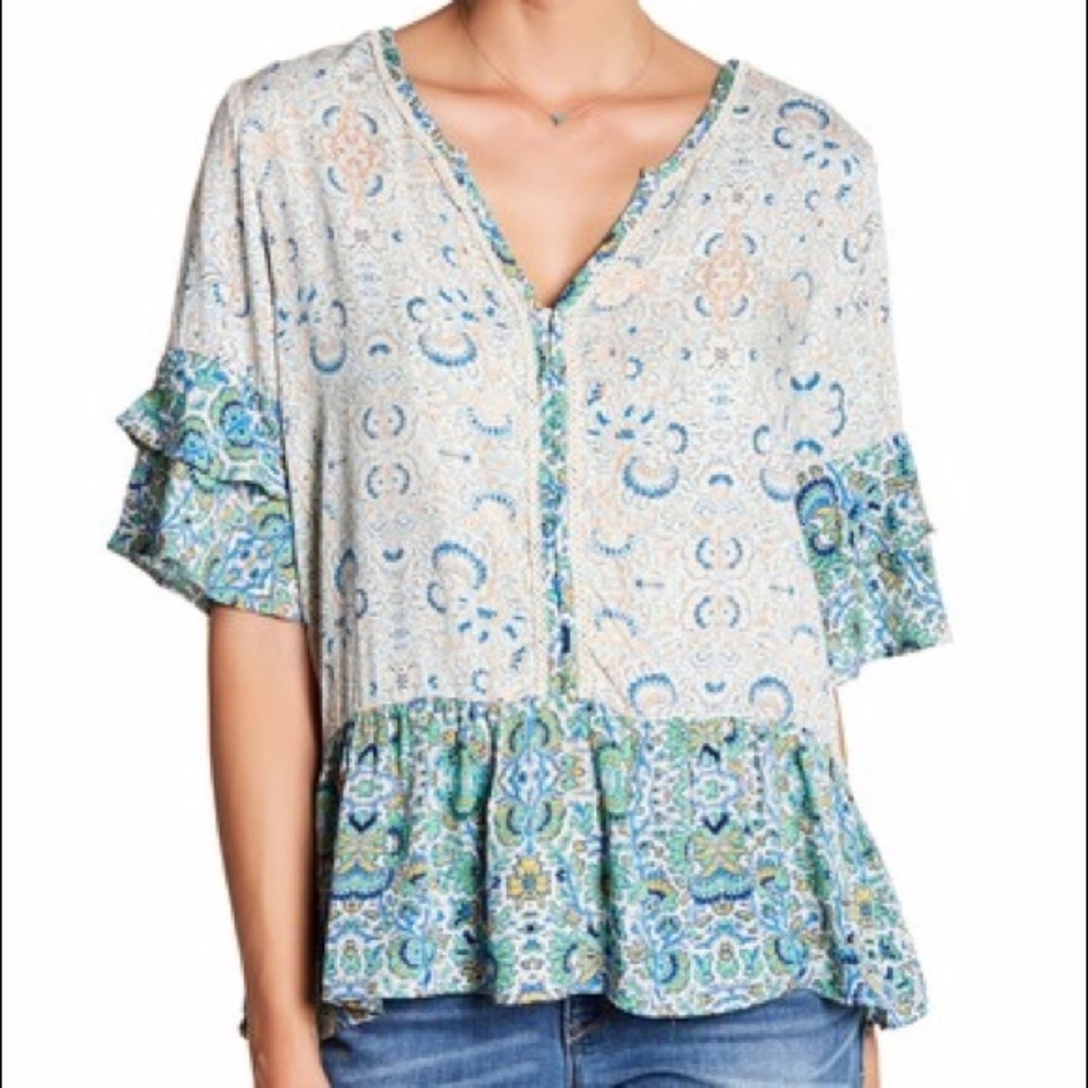 Blue Ruffle Print Blouse Shirt by Democracy